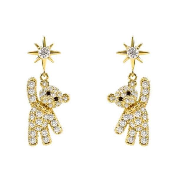 Little Gold Bear With Star Pattern Stud Earrings - Picture 1 of 3